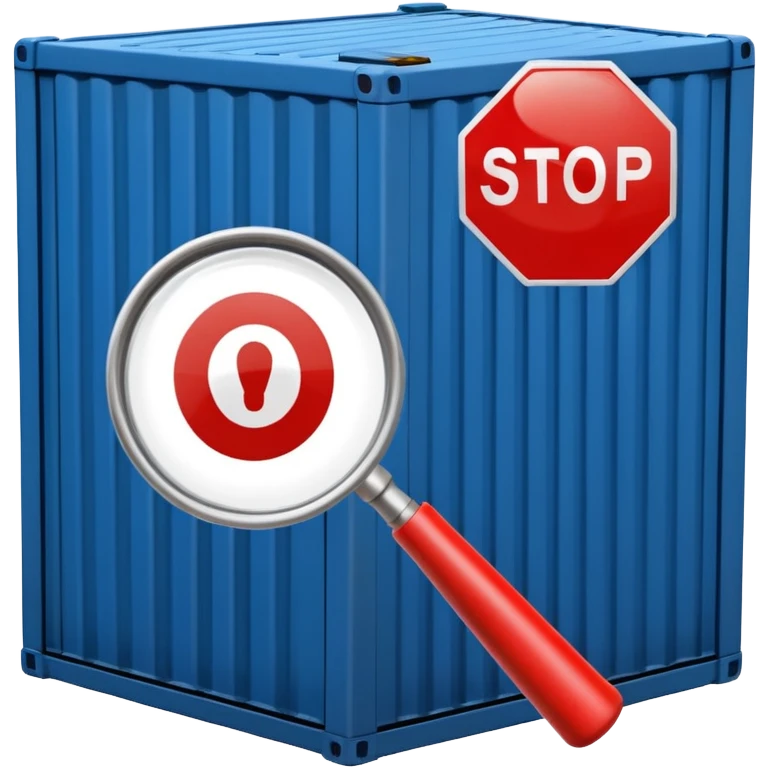 stop sign in front of a container, magnifying glass inspecting the container, customs inspection emoji