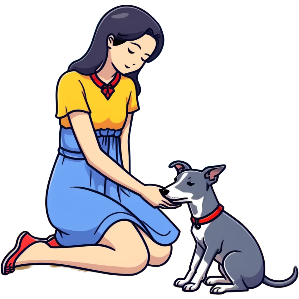 Only ONE beautiful 25-year-old Japanese woman with long flowing black hair wearing a stylish BLUE beach dress, gently PETTING her ONE PURE SOLID DARK GREY whippet with a bright RED COLLAR on a sunny beach. The woman is kneeling or bending down to pet the whippet, with her hand lovingly stroking the dog's head or back. The single whippet MUST be 100% SOLID DARK GREY with ABSOLUTELY NO WHITE MARKINGS ANYWHERE - specifically NO WHITE on face, NO WHITE on chest, NO WHITE on paws - ENTIRELY ONE CONSISTENT SOLID DARK GREY COLOR throughout. Just one woman and one dog. Bright blue daytime sky, sunshine, blue ocean and golden sand beach in the background. emoji