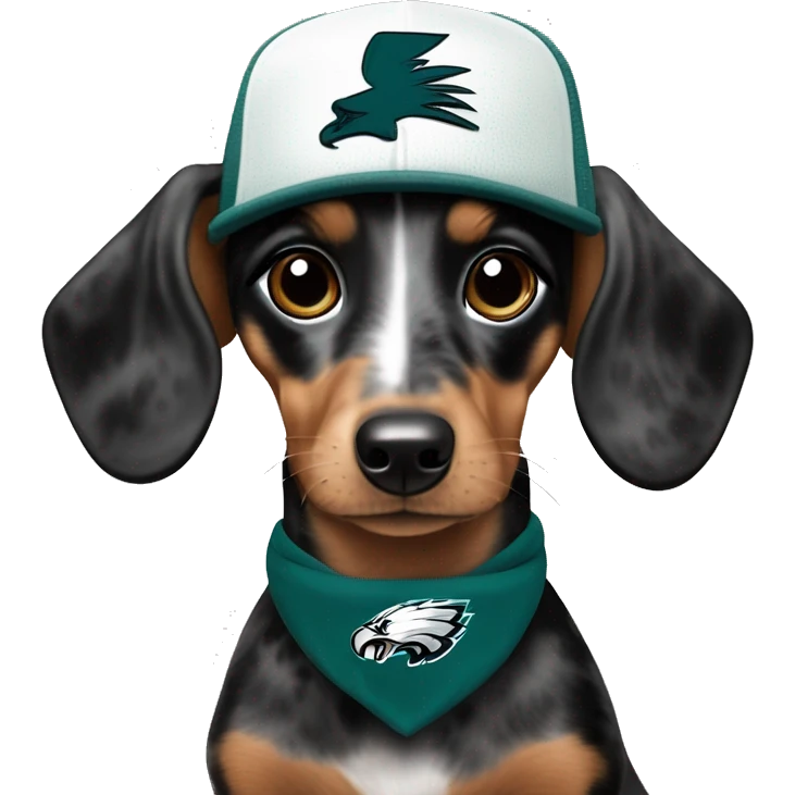 Miniature Blue Merle  Light Tri Brown and Black Spotted Dachshund wearing Philadelphia Eagles Hat with C on Jersey emoji