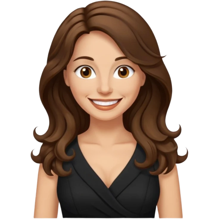 40 yr croatian woman, long wavy brown hair, big smile, side part, black dress
 emoji