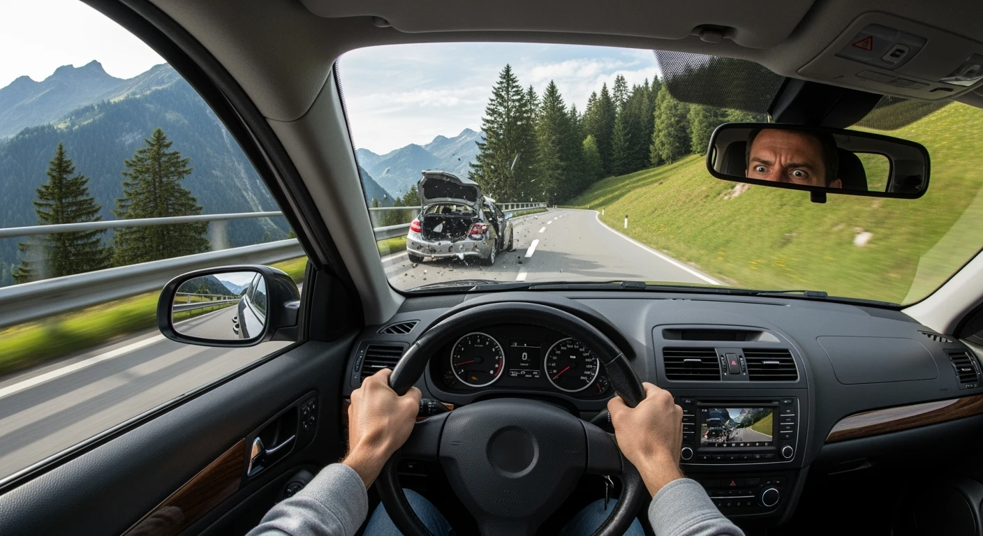 Realistic camshot pov car (hands holding car wheel) switzerland road with car crash emoji