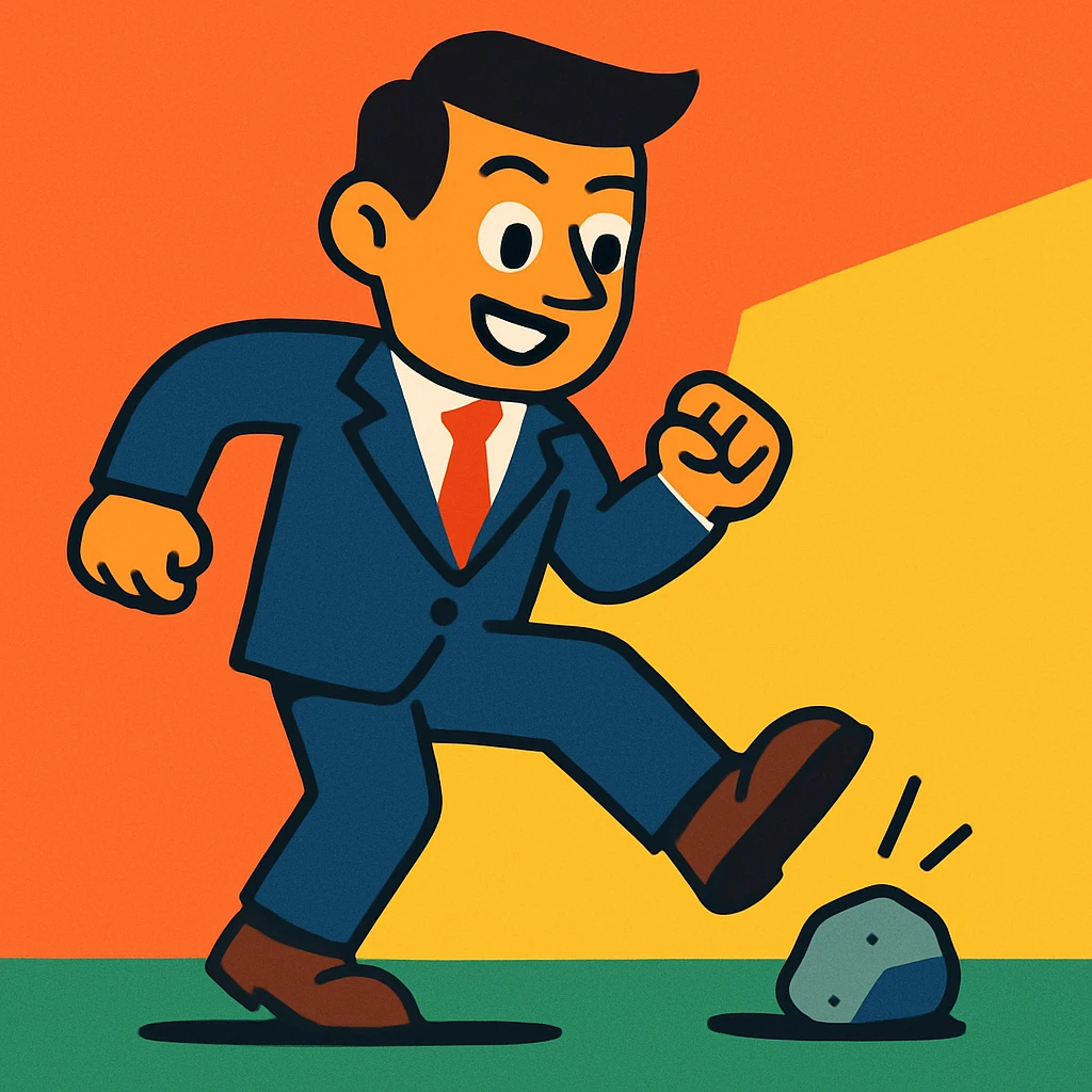man in a suit kicking a rock on the ground, cartoon style emoji