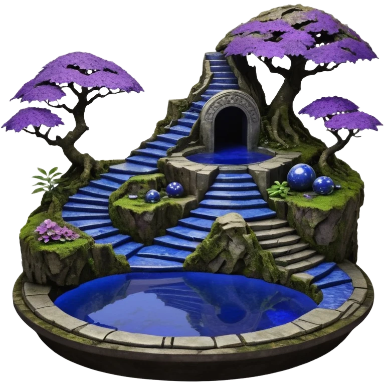 Crashed Alien saucer pool-saucerhouse jungle winding staircase lakeside mountainside-island getaway haunted nighttime landscape antique mudman very old broken cracked intricate Stone Age lapis-crusted irregular dodecagon-shaped shallow dark moss rough bark violet flowered maple tree bonsai emoji