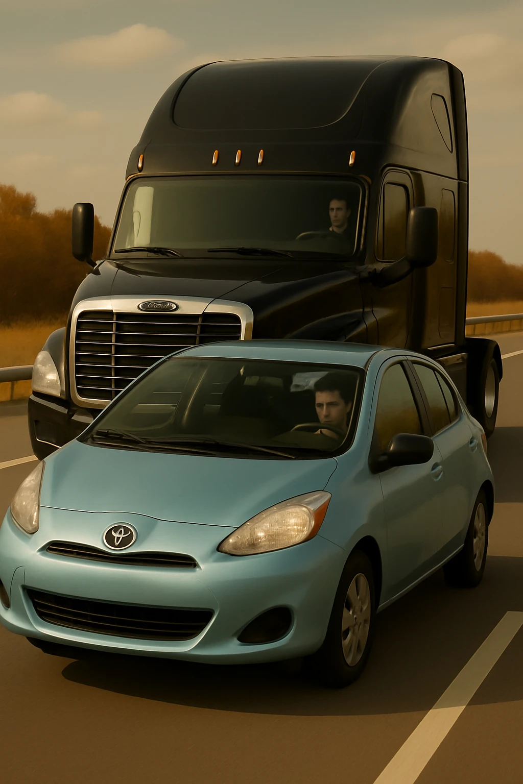 Remove the trailer from the black semi truck, keep the rest of the scene the same, with a person visible in the car in front. emoji