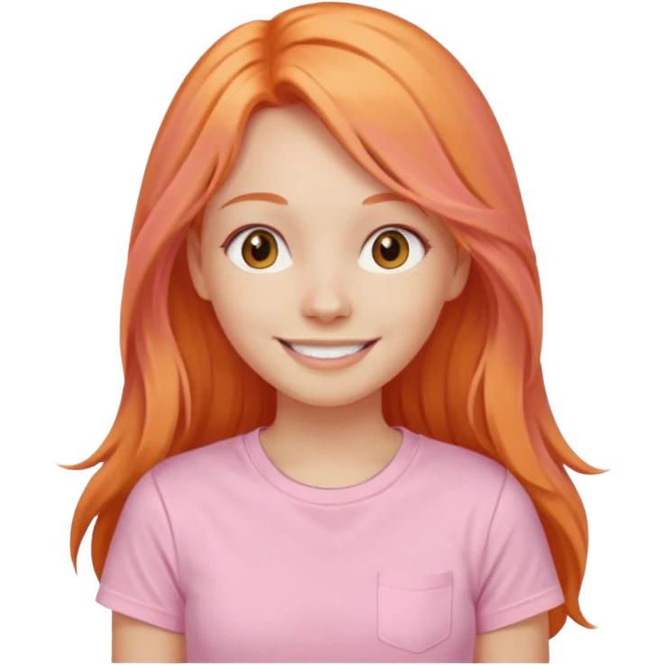 The girl with long orange hair is very happy. Make the girl similar with the reference picture. Change her sweat. Make it pastel pink t-shirt. emoji
