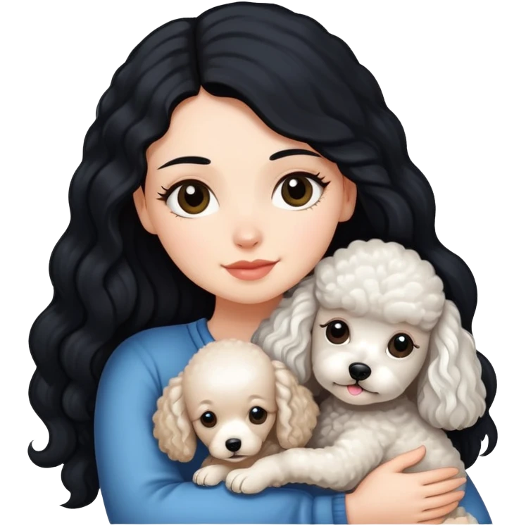 A white girl with long black  hair tightly hugged a Mini poodle emoji