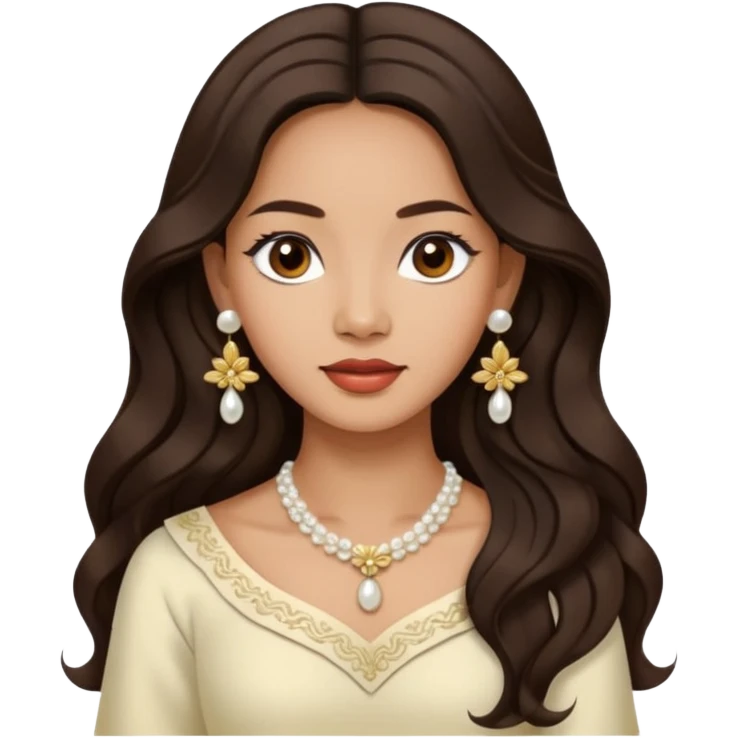 Tan Filipino woman with dark brown eyes and long dark wavy hair parted in the middle wearing a traditional filipiniana and white pearl stud earrings and no other jewelry emoji