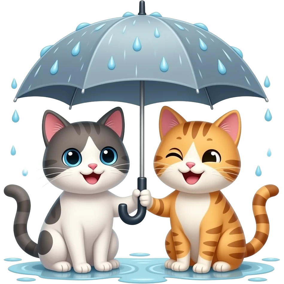 two happy cats sharing an umbrella in the rain emoji