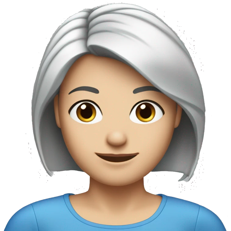 A head and shoulders shot of a 50 year old caucasian woman with short black hair, blue eyes wearing a tshirt. emoji