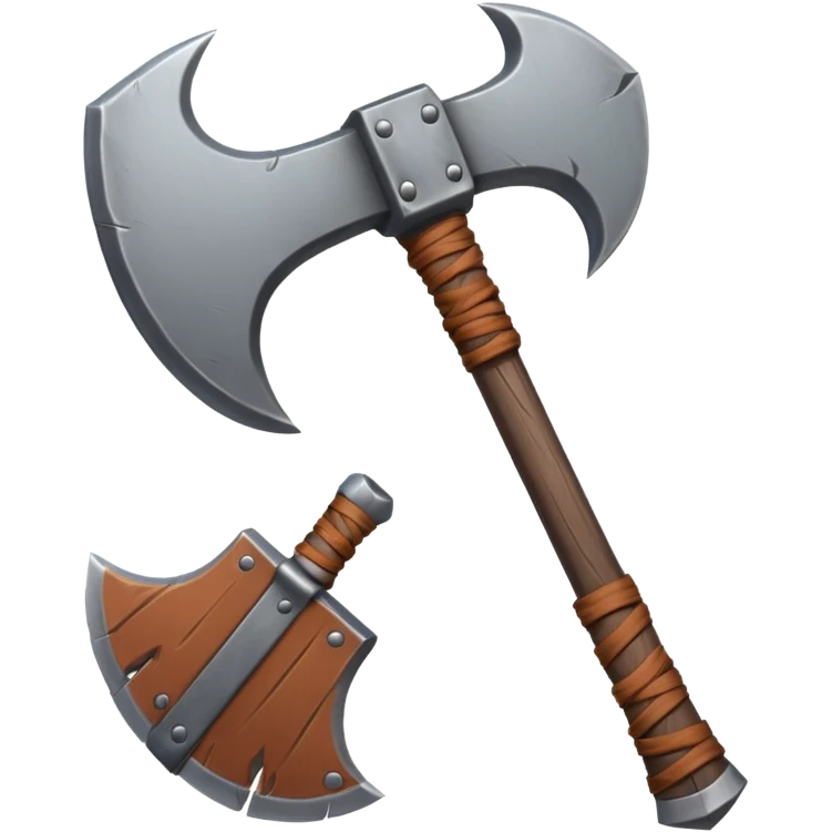 barbarian axe object icon, huge double-bladed axe, rough metal, wooden handle, leather wraps, fantasy style, 3D cartoon, mobile game icon style, centered, clean background, soft shadow, no text, no watermark
 emoji