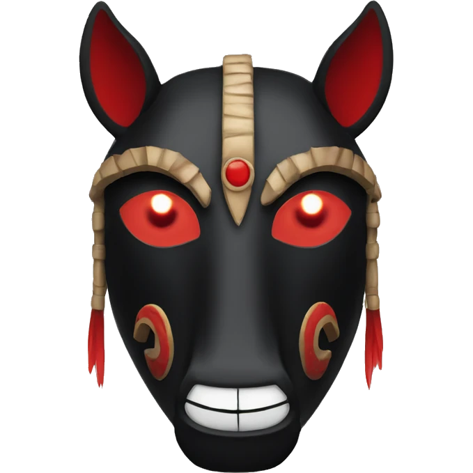 Black tribal mask of a smiling horse with red eyes in front emoji