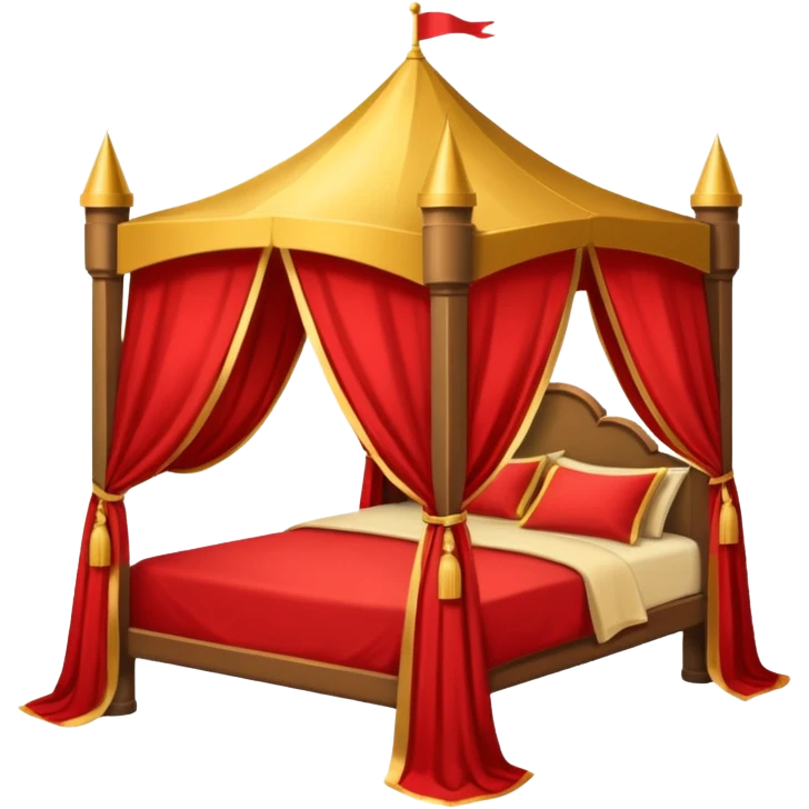 bed with red and gold sheets, wooden, canopy, simple, castle like emoji