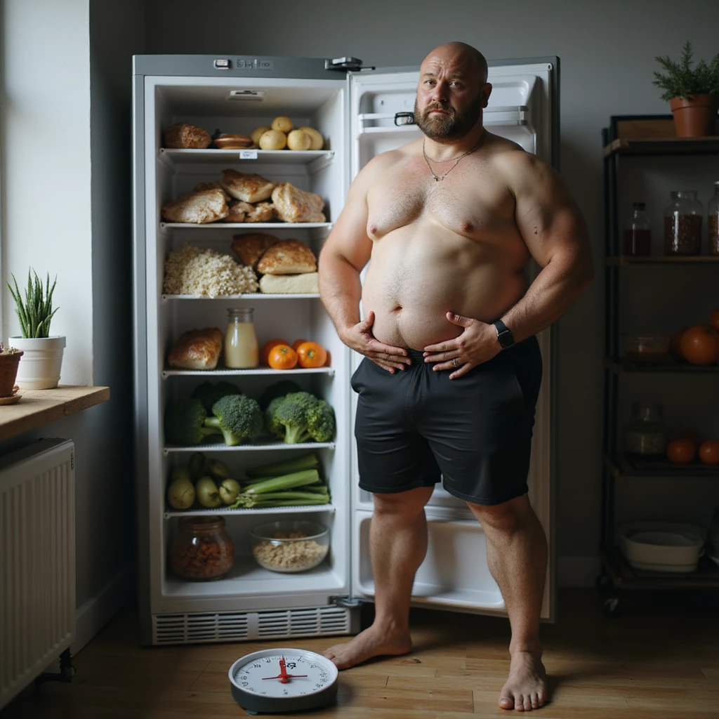 hyperrealistic 4K image of a man in gym outfit standing in front of an open fridge full of chicken, rice, broccoli holding his bloated stomach, scale with '75kg' at his feet emoji