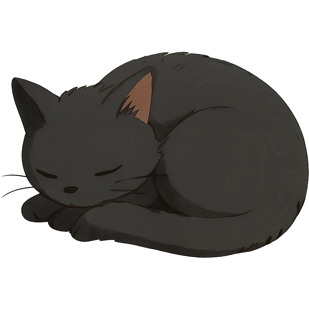 a young black cat sleeping curled up, ghibli style emoji