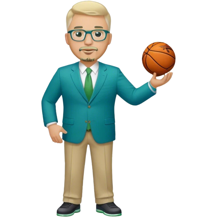 Full Body white male plus size wearing glasses with a goatee with light blonde and gray very short hair happy basketball head Coach in blue and green suit holding trophy emoji