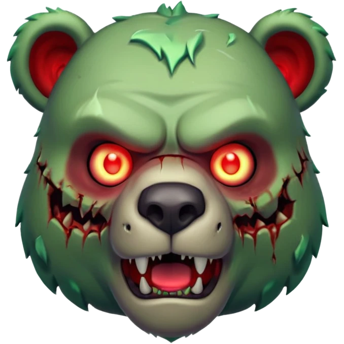 zombie bear portrait, head and shoulders only, cracked skin, stitched scars, glowing red-green eyes, powerful undead beast vibe, 3D cartoon, mobile game icon style, clean background, no text, no watermark
 emoji