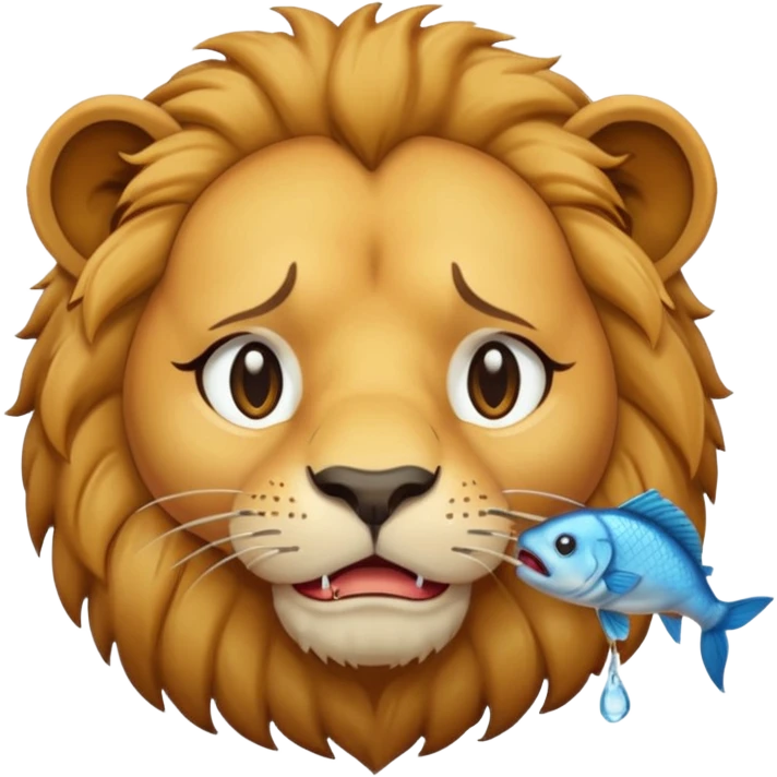  A lion eating a fish, feeling sad, cry, tear falling from eyes, portrait, bust up emoji