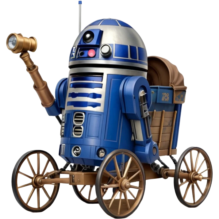 Action in Old American West tarnished R2D2 bounty policeman in 1854 delicately ornate rosegold accents painted buggy wagon powered by electric motors and batteries with safety features and belts flying rapidly across rough dusty terrain stable on strong agile futuresteampunk suspension and steering  emoji