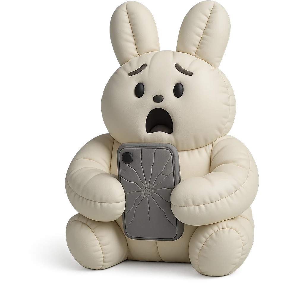 white bunny holding cracked phone with shocked face, cushion style emoji