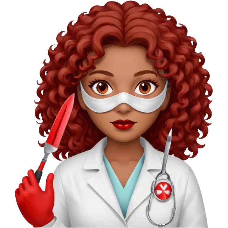Scary woman scalpel in hand, evil surgeon sexy surgeon clothes.  She has red eyes. Her  brown long curly hair. Wears sexy doctor outfit with red gloves. make her hair free and brown but have mouthy  wear  mask  to hide. Wears white surgeon jacket and  has lon* brown hair. emoji