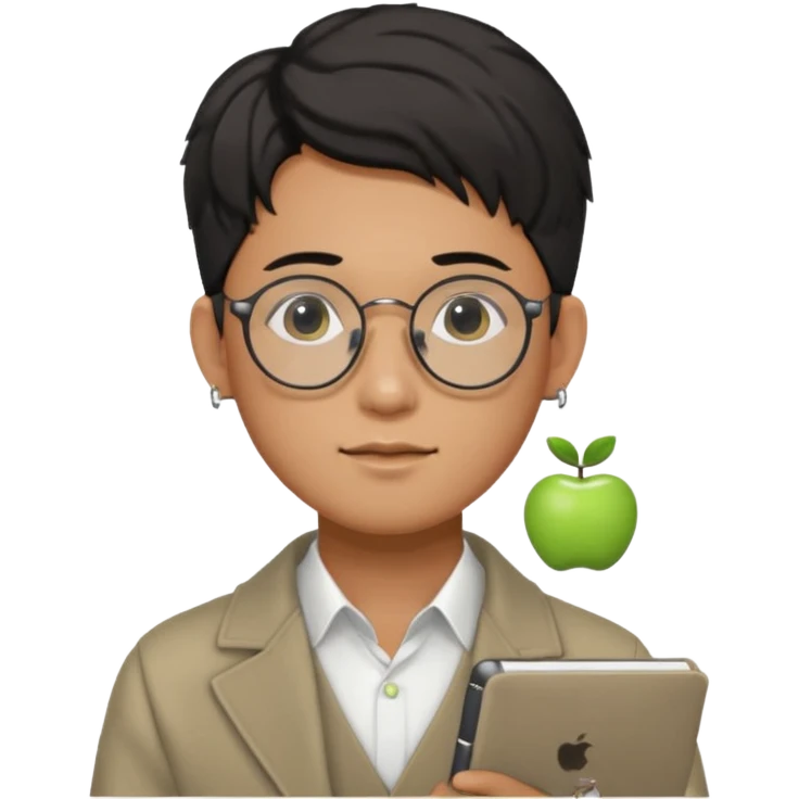 korean male guy 20s wearing an apple notebook, wearing radio earrings, round glasses, achromatic clothes, and achromatic clothes. emoji