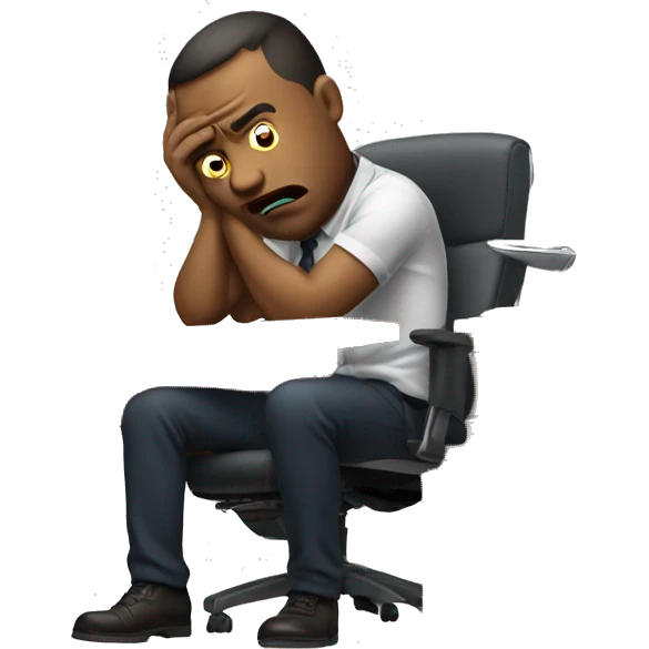 man sitting at a wooden work desk in office chair slumped and looking frustrated emoji