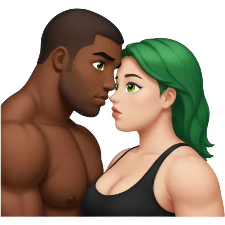 Fat white girl green eyes muscular black man brown eyes kissing emoji