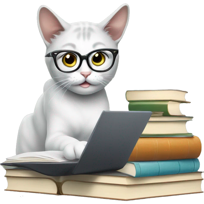 Female Cat studying, glasses, books, laptop emoji