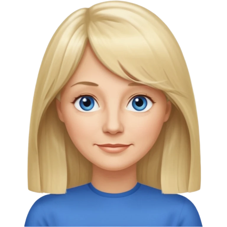 50 yr old white woman, curtain bangs, very long straight blond hair, oval face, small smile, blue eyes, thin face, hair down to elbows, round cheeks emoji