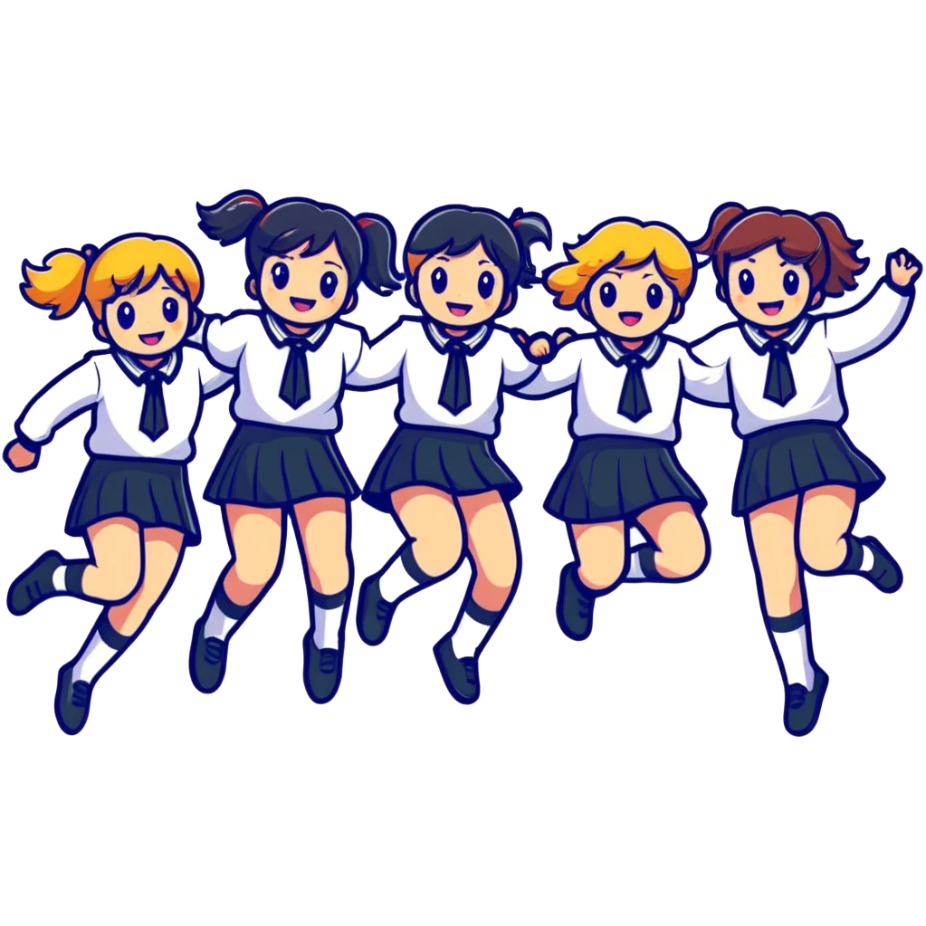 six girls in school uniforms jumping together emoji