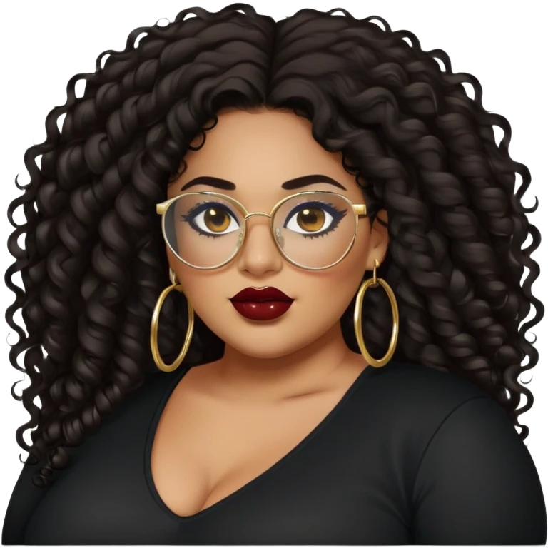 big plus size, latina, darker tan skin, gold hoops, long black curly hair, baddie,pretty, makeup, dark red lipgloss, black eyeliner, long hair, black shirt, black glasses emoji