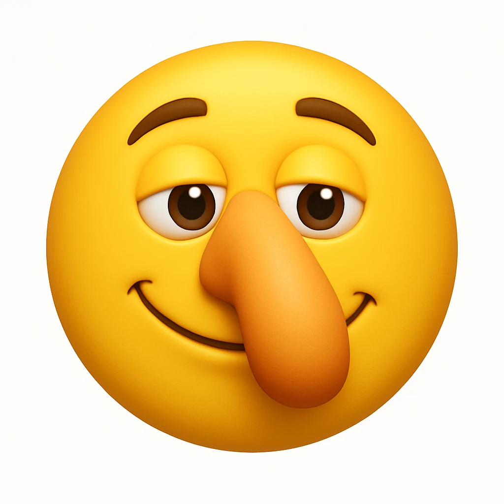 Create a yellow smiley face emoji with a large nose and the same facial expression as the reference image. The style should be 3D iOS emoji style, capturing the exact look and feel of the original emoji. Add a soft shadow under the nose. emoji