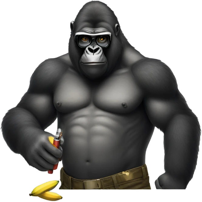 Big gorilla with cigarette, with eyes glasses, banana and gun emoji