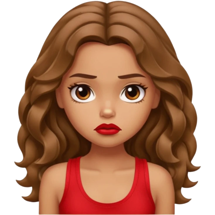 generate a pretty tan bratz girl with brown wavy hair long wearing a red tank top, red lipstick. Looking sad emoji