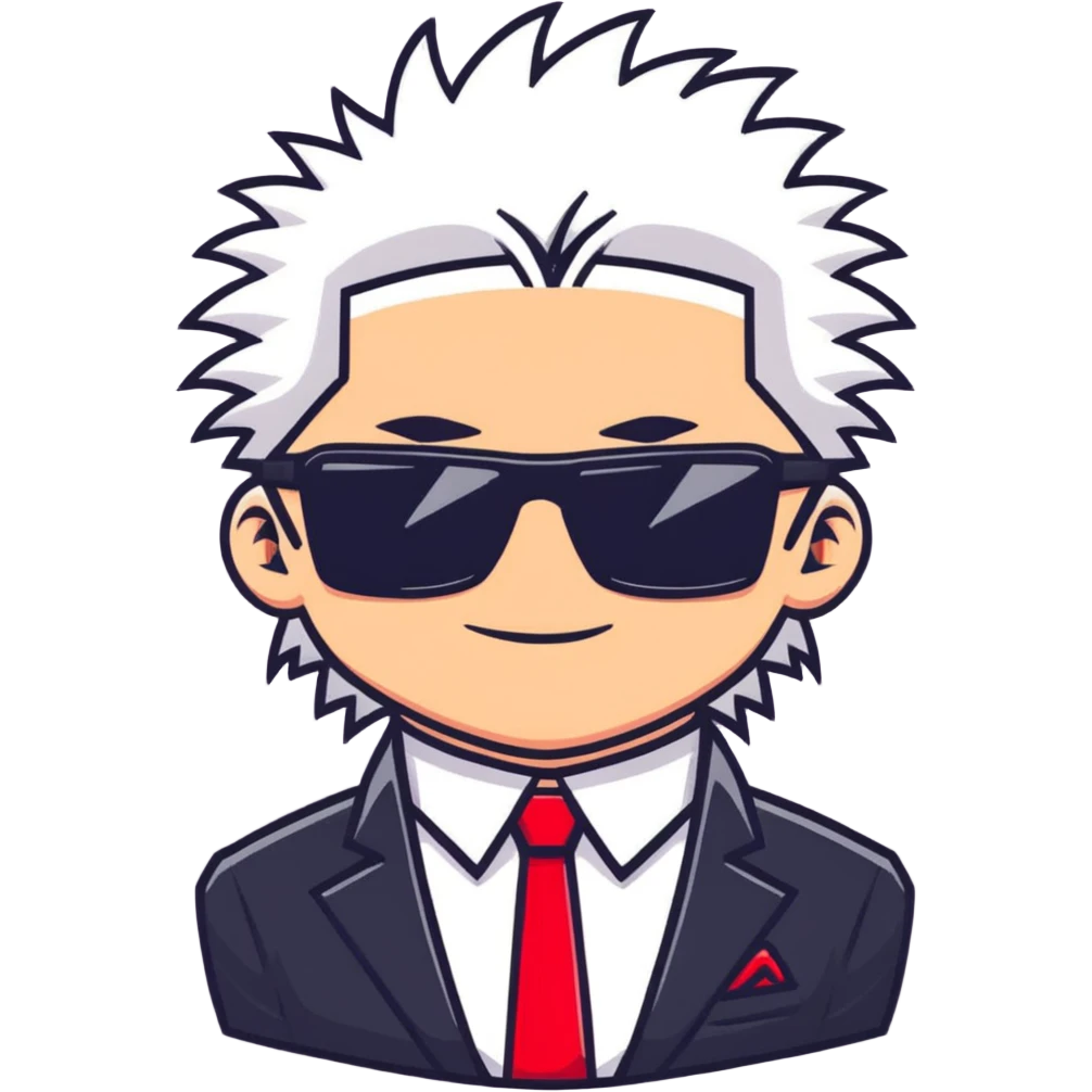 Satoru Gojo character with white spiky hair, black suit, red tie, sunglasses, and confident smirk emoji