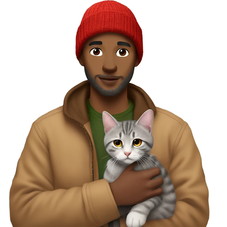 white 28 year old man with gray hair red beanie, and tan carhartt coat on holding a tabby cat in a home office emoji