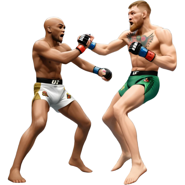 An MMA showdown between Conor McGregor and Anderson Silva in the octagon. McGregor is executing a jumping strike, while Silva skillfully deflects the attack. The background shows the UFC octagon with roaring fans and vibrant energy. Transparent background. emoji