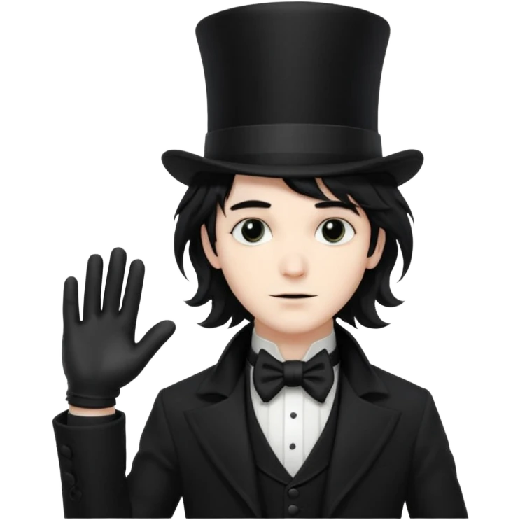 Male Goth with Top Hat
 Wavy shoulder-length hair, white skin, black suit and gloves, pale skin tone. emoji