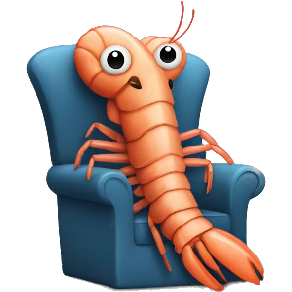 A shrimp sitting in a chair in front of a table with an open laptop emoji