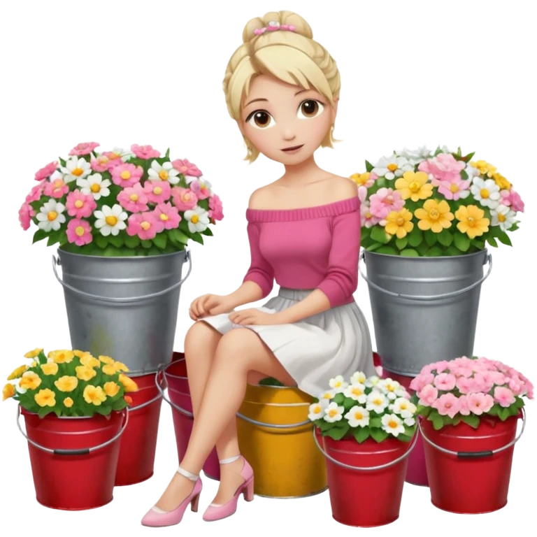 a blond girl  sitting  near various bouquets of flowers in metal buckets a white and pink flowers , Her hairstyle is slightly messy updo. She wears a red off-shoulder cardigan and a white long skirt. Her leg is extended forward toward the camera, appearing long and graceful. emoji
