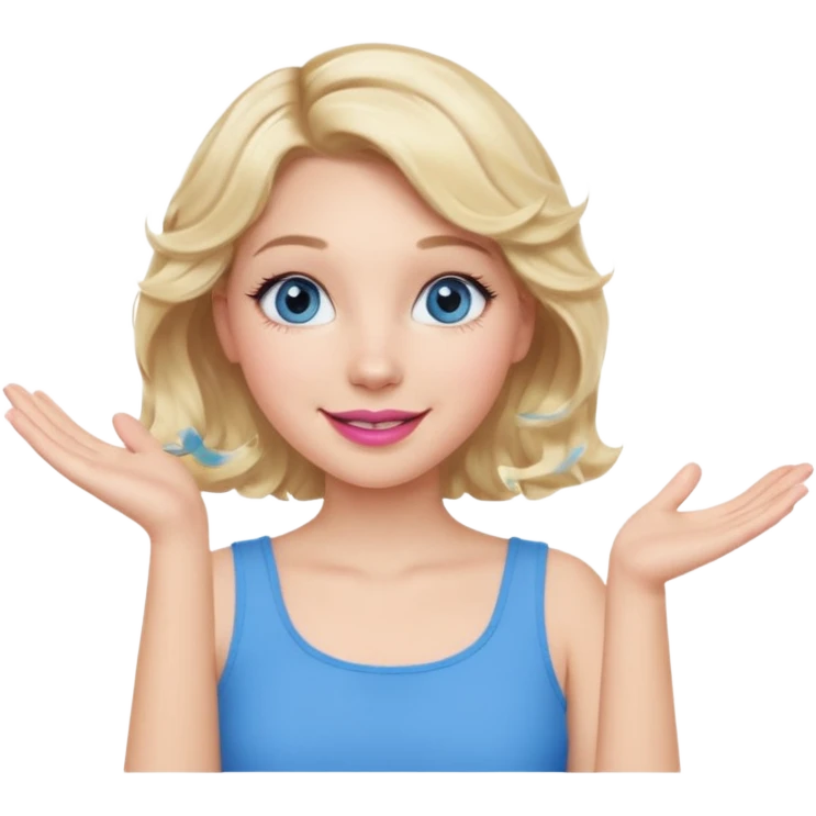 Girl Blonde short wavy hair,  blue eyes, cute blue top, long lashes, pink lips, smiling, one hand in the air emoji