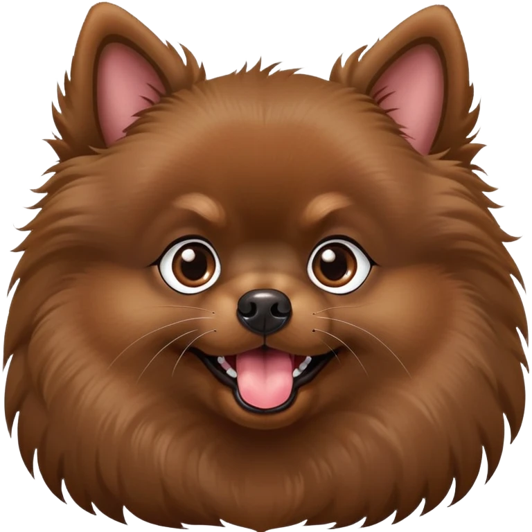 Dark brown Pomeranian with pointed ears and tongue sticking out. He stand sideways and doesn't look at me, but his eyes are looking up at me.  emoji