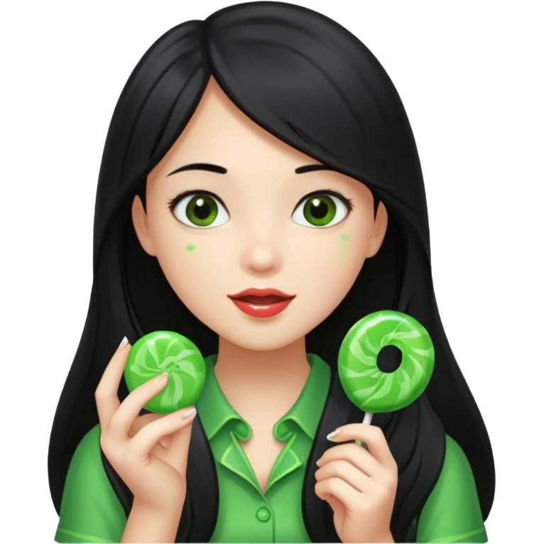 A girl with long black hair holding a piece of green hard candy in one hand and a green candy wrapper showing a guava on it in the other hand emoji