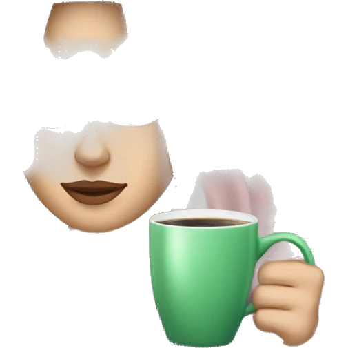A pretty white girl with very long black hair and green eyes in a light pink blanket sipping coffee emoji