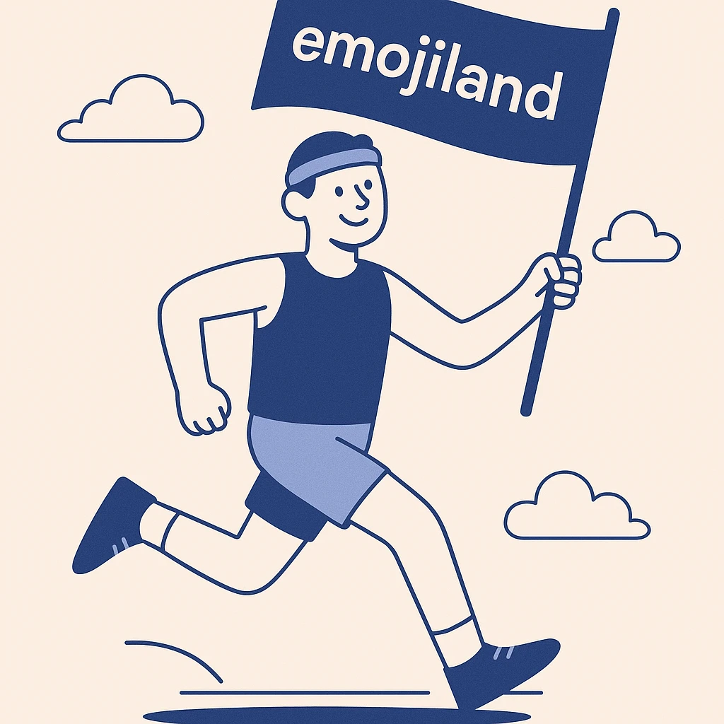 happy runner waving a flag that says 'emojiland' emoji