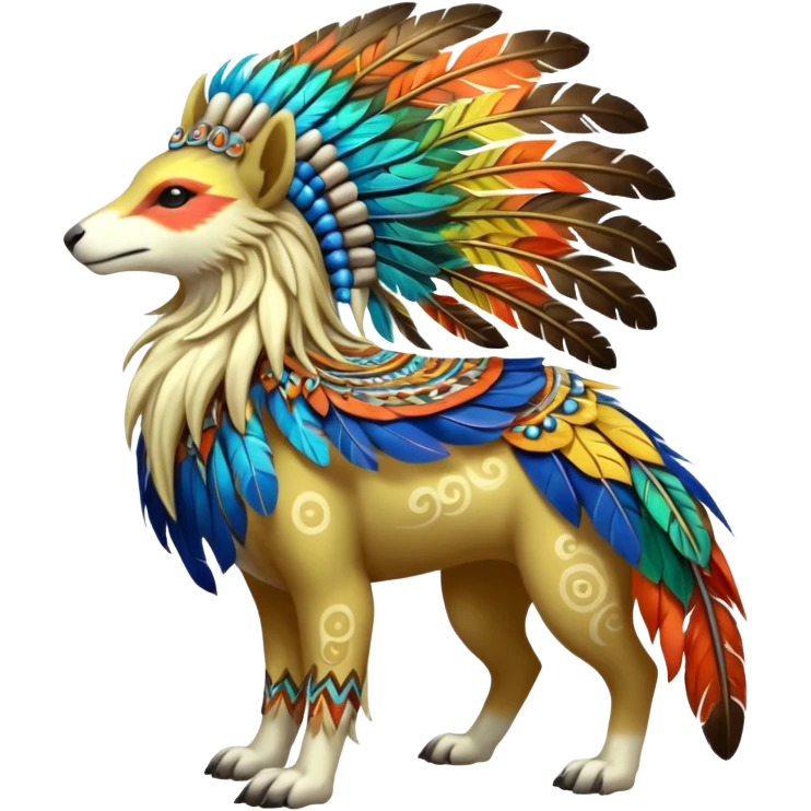 colorful lush feather-mane shamanic tribal 4-legged, ethereal divine exotic patterned beautiful elegant pretty realistic Fakémon-Digimon-Fionbri-Trico-creature (full body) emoji