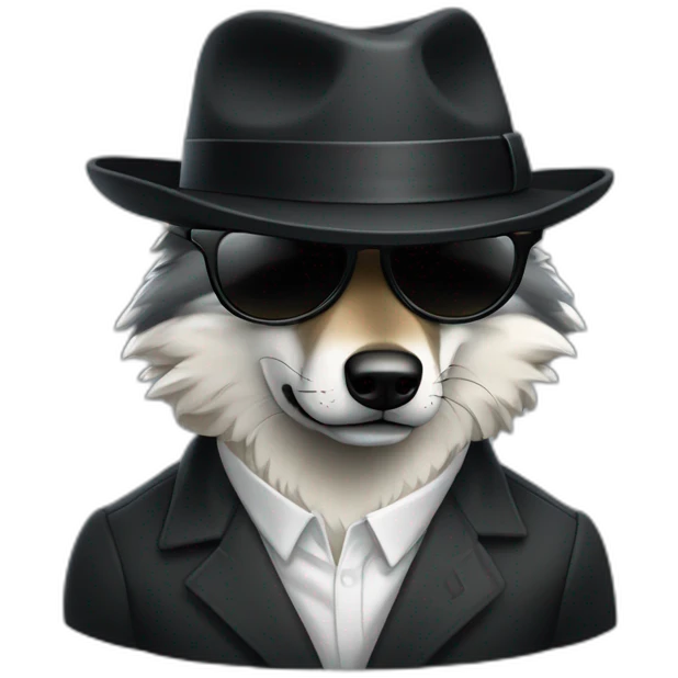 Un loup avec des lunettes ronde noir et un chapeau de mafieux emoji
