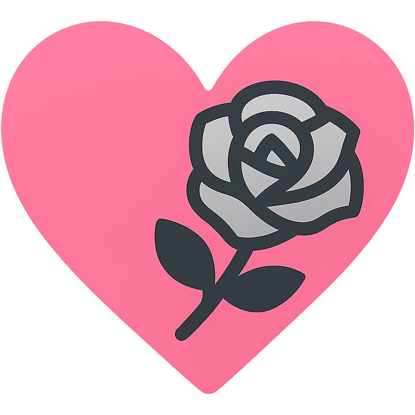 gothic heart with a silver gothic rose, color icon filled style, pink and black emoji