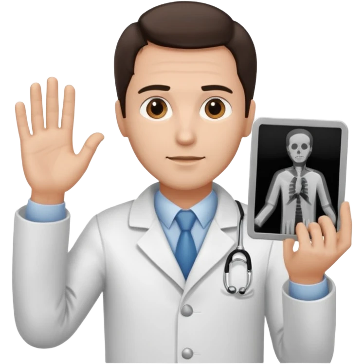 Radiografía de mano sostenida por un hombre con bata blanca  piel clara cabello café obscuro emoji