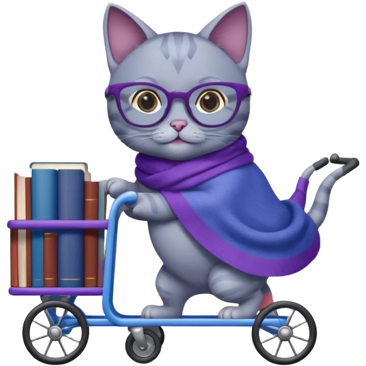 Purple and blue cat with reading glasses and a shawl, pushing a cart full of books emoji